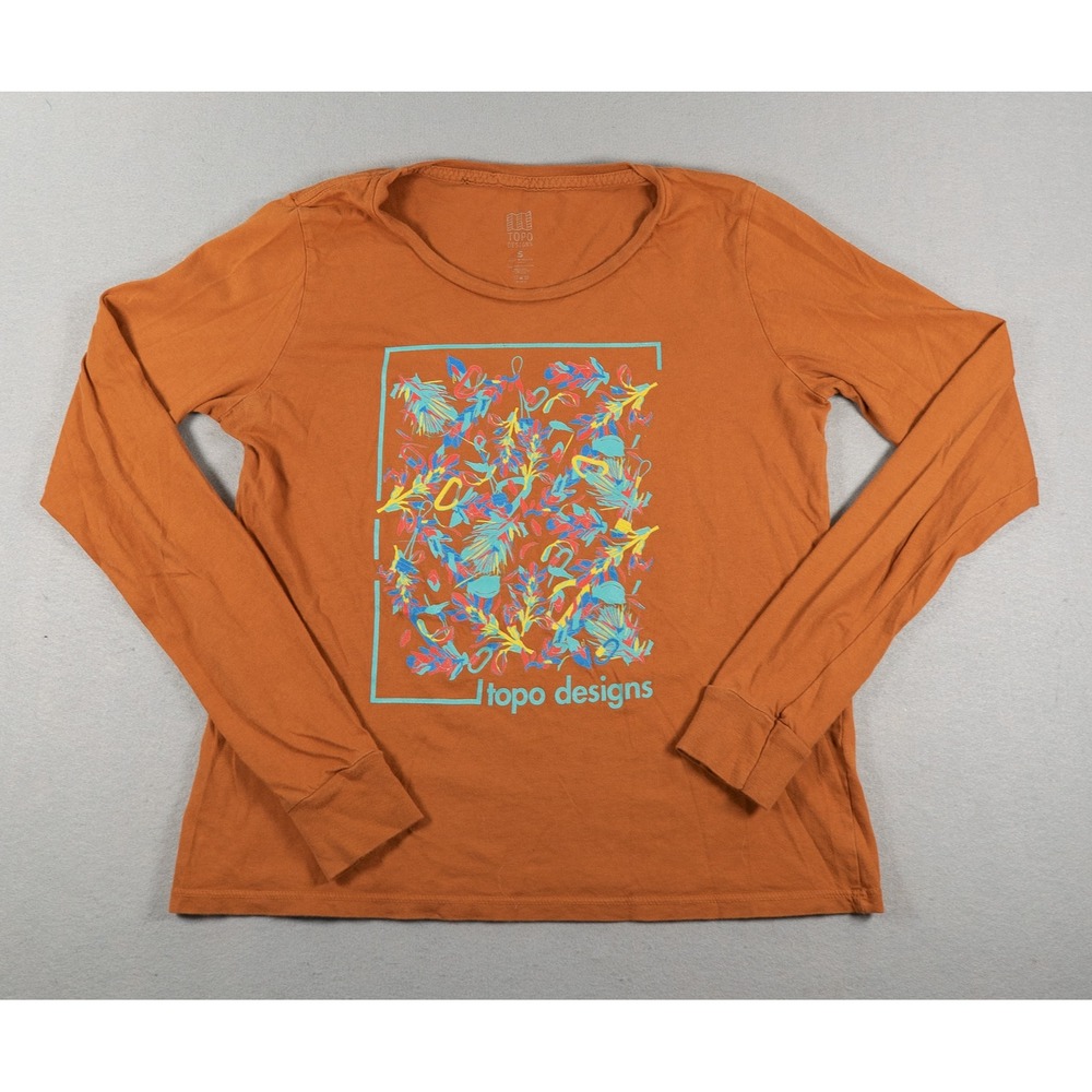 Topo Designs Organic Cotton Graphic Long Sleeve T-Shirt Rust Orange Small